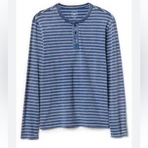 Gap Long Sleeve Blue & White Striped Cotton Crew Neck Henley - S